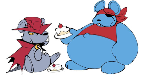 anthro belly big_belly black_nose cake clothing dessert duo eating eye_patch eyewear food grey_body hat headgear headwear male overweight overweight_male shirt simple_background sitting topwear white_background killer_outlet kirby_(series) kirby_squeak_squad nintendo daroach storo mammal mouse murid murine rodent 2025