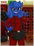 anthro black_nose blue_body blue_fur border cosplay detailed_background female fur mace melee_weapon raised_tail red_eyes smile smiling_at_viewer solo tail weapon white_border vinylrooster antonblast summitsphere alice_(vinylr) canid canine canis mammal wolf hi_res