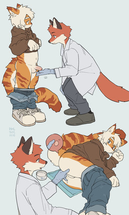 adolescent anal anal_fingering anthro balls black_nose bottomwear bottomwear_down brown_stripes butt clothed clothing clothing_lift denim denim_bottomwear denim_clothing doctor duo fingering footwear foreskin fur genitals gloves handwear hoodie hoodie_lift humanoid_genitalia jeans kemono latex latex_clothing latex_gloves latex_handwear male male/male medical_examination multicolored_body multicolored_fur orange_body orange_fur pants pants_down partially_clothed penis pointy_ears presenting presenting_penis prostate_exam red_body red_fur shoes simple_background sneakers striped_body striped_fur stripes topwear two_tone_body two_tone_fur underbelly white_body white_fur young young_anthro young_male milkybot hu_ku_li_(milkybot) canid canine domestic_cat felid feline felis fox mammal hi_res