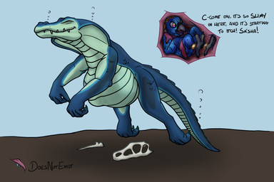 anthro anthro_pred anthro_prey avian_feet beak blue_body bone dipstick_feathers duo feathered_tail feathers female female_pred head_feathers internal larger_pred male male_prey multicolored_eyes orange_body organs rainbow_eyes size_difference skull speckled_body stomach tail vore arrox_(artist) doesnotexist ka'lam'holn'qui'ke sa'sha avian bird parrot werecreature werecrocodile 3:2 hi_res