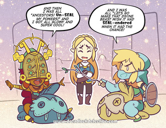 armor blonde_hair branch clothed clothing crossdressing female group hair headgear helmet holding_object humanoid_pointy_ears humor long_hair male midriff not_furry plushie pointy_ears pun red_hair shield sitting standing stick text veil dreadlockdetective breath_of_the_wild nintendo the_legend_of_zelda link princess_zelda riju gerudo humanoid hylian sand_seal english_text