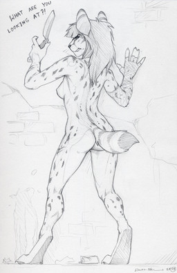 anthro black_nose breasts butt claws detailed_background female fur hair interrobang knife long_hair looking_at_viewer looking_back markings melee_weapon nipples nude outside paws razor side_boob simple_background solo spots spotted_body spotted_fur text tools weapon whiskers white_background wolfy-nail canid canine canis mammal wolf 2013 black_and_white english_text monochrome sketch traditional_media_(artwork)