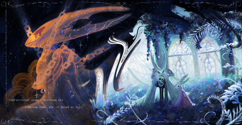2_horns ambiguous_gender biped black_eyes bound chain cloak clothed clothing detailed_background empty_eyes fingers group holding_another horn larger_ambiguous plant size_difference smaller_ambiguous standing text trio white_text nacl hollow_knight_(franchise) team_cherry hollow_knight_(character) hornet_(hollow_knight) the_knight_(hollow_knight) arthropod vessel_(species) 2025 english_text hi_res female_(lore) half_sister_(lore) sibling_(lore) sister_(lore)