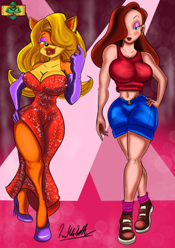 alternate_costume anthro armwear blonde_hair blue_bottomwear blue_clothing blue_pants bottomwear breasts clothing clothing_swap dress elbow_gloves female gloves hair handwear pants purple_armwear purple_clothing purple_elbow_gloves purple_gloves purple_handwear red_clothing red_dress red_hair fromitalywithfurore activision crash_bandicoot_(series) disney who_framed_roger_rabbit jessica_rabbit tawna_bandicoot bandicoot human mammal marsupial absurd_res crossover hi_res
