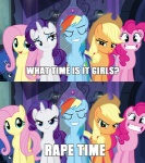 applejack_(mlp) blonde_hair blue_eyes cowboy_hat cutie_mark equine female feral fluttershy_(mlp) friendship_is_magic green_eyes group hair hat horn horse imminent_rape looking_at_viewer mammal meme multi-colored_hair my_little_pony orange_hair pegasus pink_hair pinkie_pie_(mlp) pony princess_luna_(mlp) rainbow_dash_(mlp) rainbow_hair rarity_(mlp) smile smirk two_tone_hair unicorn wings
Rating: Safe
Score: 19
User: darknessRising
Date: August 08, 2013