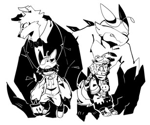 antennae_(anatomy) anthro bottomwear bow_tie cheek_tuft clothed clothing facial_tuft group hair jacket looking_aside male messy_hair mouth_closed open_mouth open_smile pants short_hair simple_background smile topwear tuft unsigned asnnonaka mythology arcticsaron mushrex canid canine canis domestic_dog dragon mammal mythological_creature mythological_scalie scalie 6:5 black_and_white monochrome