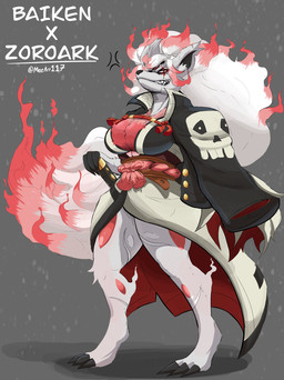 anthro asian_clothing big_breasts black_clothing black_topwear breasts clothing cosplay cross-popping_vein crossover_cosplay east_asian_clothing eye_scar facial_scar female fur hair highlights_(coloring) japanese_clothing kimono melee_weapon pokemorph red_eyes red_highlights scar sharp_teeth snarling solo sword teeth thick_thighs topwear weapon white_body white_fur white_hair wide_hips meeart117 arc_system_works guilty_gear nintendo pokemon baiken generation_8_pokemon hisuian_form hisuian_zoroark pokemon_(species) regional_form_(pokemon) crossover hi_res