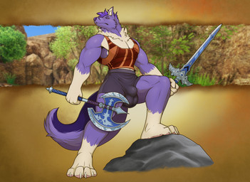 anthro bulge claws clothed clothing fur holding_melee_weapon holding_object holding_sword holding_weapon male melee_weapon muscular muscular_anthro muscular_male purple_body purple_fur solo sword tail weapon corrsk canid canine fox mammal hi_res