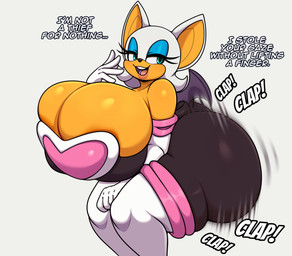 anthro ass_clapping big_breasts big_butt biped breasts bubble_butt butt cleavage clothed clothing dialogue eyelashes eyeshadow female fingers huge_breasts huge_butt legwear looking_back makeup open_mouth pupils simple_background smile solo text thick_thighs thigh_highs twerking wide_hips matospectoru sega sonic_the_hedgehog_(series) rouge_the_bat bat mammal 2025