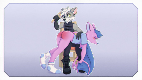 anthro blush bottomless butt_slap clothed clothing duo footwear male male/male paddle slap socks spank_marks spanking wings sqwek felix_(crinklebat) bat canid canine canis mammal wolf