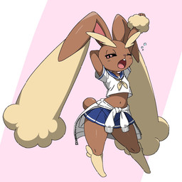 anthro asian_clothing big_ears black_sclera bottomwear brown_body clothing east_asian_clothing female floppy_ears fluffy_ears hand_behind_head japanese_clothing japanese_school_uniform leg_tuft navel one_eye_closed open_mouth pink_eyes raised_arm school_uniform serafuku shortstack skirt solo thick_thighs tuft uniform upper_teeth yawn yawning_position noye nintendo pokemon generation_4_pokemon lopunny pokemon_(species) 2026 digital_drawing_(artwork) digital_media_(artwork) hi_res