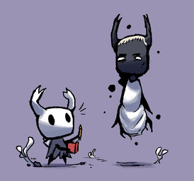2_horns anthro black_body black_cloak black_clothing black_eyebrows black_head black_horn book cloak clothing duo emenata eyebrows floating grey_background hair holding_object holding_pencil horn male pencil_(object) robe simple_background tan_hair text vessel white_clothing white_head white_horn white_robe jubb eminem hollow_knight_(franchise) team_cherry the_knight_(hollow_knight) arthropod 2021 artist_name