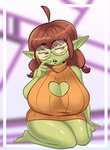 ahoge bare_shoulders barefoot big_breasts black_eyes blurred_background blush breasts brown_clothing brown_sweater brown_topwear cleavage cleavage_cutout clothed clothing cutout eyelashes eyewear feet female glasses glistening glistening_body glistening_skin green_body green_skin hair half-closed_eyes heart_cutout huge_breasts humanoid_pointy_ears kneeling looking_at_viewer narrowed_eyes open_mouth pantsless pointy_ears pupils red_pupils short_hair short_stack sleeveless sleeveless_sweater solo sweater teeth thick_thighs topwear virgin_killer_sweater wide_hips yellow_sclera yellow_teeth 20pesos_sopa meme_clothing lula_(20pesos_sopa) goblin humanoid absurd_res full-length_portrait hi_res meme portrait