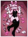 anthro bow_tie card clothing female footwear genitals high_heels legwear lying on_back playing_card poker_chip pussy shoes solo stockings topwear vest baronflint lagomorph leporid mammal rabbit 3:4 hi_res