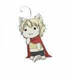 :3 ahoge ambiguous_gender anthro blonde_hair bottomwear cape clothing hair hand_on_face jersey pants red_eyes simple_background solo tail white_background hammer108 nyoro~n domestic_cat felid feline felis mammal hi_res