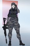 anthro armor assault_rifle boots clothing combat_gear female footwear gun headgear helmet ranged_weapon rifle shoes simple_background solo weapon orinvega rebi lagomorph leporid mammal rabbit hi_res