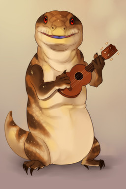 anthro claws looking_at_viewer lute male musical_instrument playing_music plucked_string_instrument red_eyes scales slightly_chubby solo string_instrument ukulele trip_(artist) blue-tongued_skink lizard reptile scalie skink