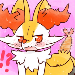 ambiguous_anthro ambiguous_gender anthro biped blush blushing_profusely bodily_fluids food front_view heart_eyes heart_symbol interrobang leaning leaning_forward object_in_tail open_mouth shrimp_(food) simple_background snout solo spiral_pupils standing sweat sweatdrop tail tremble_spikes vibrating annyui0611 nintendo pokemon braixen canid generation_6_pokemon mammal pokemon_(species) 1:1 2022 digital_drawing_(artwork) digital_media_(artwork) half-length_portrait hi_res japanese_description portrait translated_description
