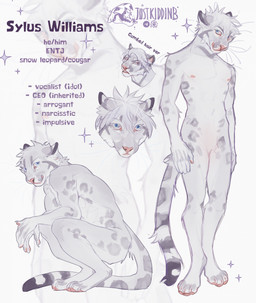 anthro blue_eyes crouching featureless_crotch front_view fur glistening glistening_eyes grey_body grey_fur hair looking_at_viewer male male_anthro messy_hair mouth_closed nipples nude pink_nose side_view simple_background solo sparkles spotted_arms spotted_legs standing text whiskers white_body white_fur justkiddinb sylus_williams cougar felid feline hybrid mammal pantherine snow_leopard english_text hi_res model_sheet