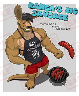 anthro apron beard black_hair blue_eyes bottomwear clothing ear_piercing facial_hair food grill hair looking_at_viewer male meat muscular piercing sausage shorts simple_background smile solo text yellow_body vexedlupine seff_(dissimulated) kangaroo macropod mammal marsupial absurd_res english_text hi_res