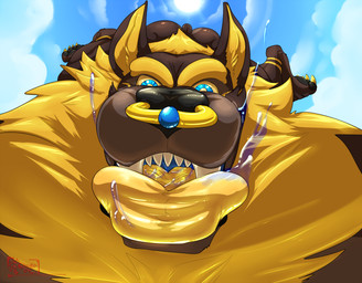 4_toes anthro black_nose blonde_hair blue_eyes bodily_fluids brown_body brown_skin butt claws cloud digitigrade drooling eyebrows facial_piercing feet first_person_view fur grey_body grey_skin hair imminent_vore looking_at_viewer low-angle_view male mane markings mouth_shot multicolored_body multicolored_skin muscular muscular_anthro muscular_male muscular_thighs neck_tuft nose_piercing nose_ring open_mouth oral_vore pawpads paws piercing ring_piercing saliva sharp_teeth short_tail sky snout solo sun tail teeth toes tongue tongue_out tuft two_tone_body two_tone_skin upside_down vore yellow_body yellow_fur yellow_tongue hungothenomster anpii anubian_jackal canid canine canis jackal mammal 2018