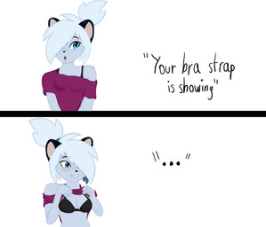 anthro bra breasts clothed clothing clothing_lift dialogue ellipsis exposed_bra female freckles fur hair smile solo text topwear underwear white_body white_fur theshadow_claw bra_strap_showing_(meme) yue_(eipril) mammal mustelid musteline stoat true_musteline weasel comic english_text hi_res meme