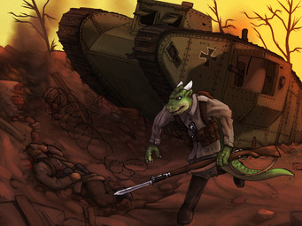 anthro armored_vehicle blood bodily_fluids cannon casemate clothed clothing death gun male outside ranged_weapon tail tank_(vehicle) tracked_vehicle uniform vehicle weapon world_war_1 lizardlars lizard reptile scalie 2015 4:3 hi_res