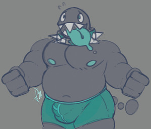 belly big_hands big_tongue biped blue_clothing blue_eyes blue_nipples blue_tongue blue_underwear bodily_fluids bulge clothing collar detailed_bulge grey_body grey_skin male moobs nipples saliva slightly_chubby slightly_chubby_male solo spiked_collar spikes standing tail tongue underwear sealafterhours mario_bros nintendo chain_chomp humanoid hi_res signature