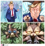 annoyed anthro binoculars blonde_hair blue_eyes bodily_fluids bottomwear brown_body brown_fur clothing crowd dancing discovered frown fur gesture grass group hair hand_gesture happy hiding humor male necktie overweight overweight_male pants plant pointing politics shirt shrub smile smirk spying standing suit sweat topwear white_body yellow_eyes gprime85 looney_tunes warner_brothers donald_trump wile_e._coyote canid canine canis coyote human mammal comic hi_res lol_comments