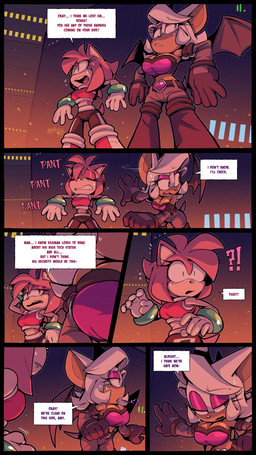 anthro bodily_fluids breath clothed clothing dialogue drooling duo female female/female hair panting saliva speech_bubble sweat text tight_clothing wings conniesky3 gogomrdodo sega sonic_the_hedgehog_(series) amy_rose rouge_the_bat bat eulipotyphlan hedgehog mammal absurd_res comic english_text hi_res