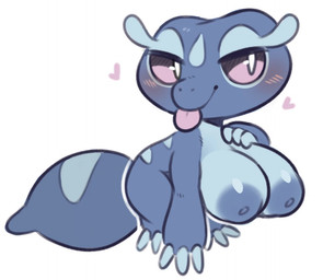 anthro areola big_breasts blue_areola blue_body blue_countershading blue_nipples blue_tail blush breasts busty_feral countershade_torso countershading female feral front_view heart_symbol nipples pink_tongue simple_background solo tail thick_tail tongue tongue_out white_background anotherbearsimp nintendo pokemon pokemon_winds_and_waves gecqua generation_10_pokemon pokemon_(species) scalie 2026 digital_drawing_(artwork) digital_media_(artwork) english_description full-length_portrait portrait