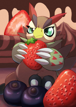 anthro beak blueberry_fruit blush brown_body brown_feathers claws feathers feet food fruit green_eyes male micro plant solo strawberry talons toes mofumi_corvus bandai_namco digimon digimon_(species) falcomon hi_res