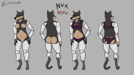 4_artificial_limbs bra breasts clothing cybernetics disability female machine multi_nipple nipples nude presenting prosthetic prosthetic_limb solo text underwear erimad nyx_(erimad) canid canine canis cyborg dobermann domestic_dog mammal pinscher 16:9 hi_res model_sheet widescreen