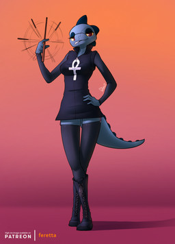 ankh blue_body blue_skin boots breasts cigarette cigarette_in_mouth clothed clothing dress drumming_stick female footwear knee_boots knee_highs legwear looking_at_viewer object_in_mouth percussion_mallet red_eyes shoes simple_background smoking solo standing stockings thigh_highs feretta night_in_the_woods bea_santello crocodile crocodilian reptile scalie digital_media_(artwork) hi_res shaded