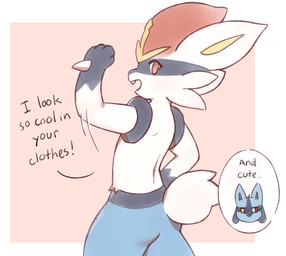 4_fingers anthro blush duo fingers fur male open_mouth pose red_eyes simple_background tail talking_to_another teeth text white_body white_fur white_tail arnd_dawn nintendo pokemon cinderace generation_4_pokemon generation_8_pokemon lucario pokemon_(species) colored digital_drawing_(artwork) digital_media_(artwork) english_text hi_res