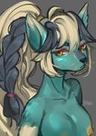 anthro braided_hair clothed clothing eyebrows female hair ponytail solo topless topless_female yuwi-cyu fan_character canid canine mammal