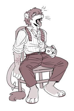anthro arm_tuft belt bottomwear chair cheek_tuft clothed clothing container cup elbow_tuft eyebrow_through_hair eyebrows eyes_closed facial_tuft fangs front_view furniture hair holding_container holding_cup holding_mug holding_object male mug necktie on_chair open_mouth pants simple_background sitting sitting_on_chair solo spread_legs spreading teeth topwear translucent translucent_hair tuft unsigned yawn asnnonaka felid lion mammal pantherine 2:3 full-length_portrait hi_res monochrome portrait