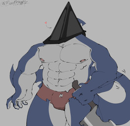 5_fingers abs anthro bulge fingers for_a_head heart_reaction holding_object holding_weapon male muscular muscular_male pecs solo weapon buurshark konami silent_hill pyramid_head aquatic fish shark hi_res