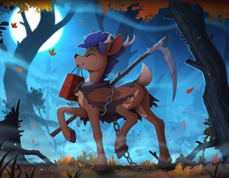 bag blue_mane brown_wings chain cloven_hooves collar detailed_background eyes_closed feral full_moon grass hooves horn leaf male mane melee_weapon metal_collar moon mouth_hold night outside plant polearm ragged_clothing scythe smile solo tree walking weapon wind wings yakovlev-vad deer mammal peryton 2021 hi_res