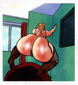 anthro big_butt butt butt_focus clothing female fishnet_clothing fishnet_legwear hair hair_bun legwear looking_at_viewer looking_back looking_back_at_viewer mature_female presenting presenting_hindquarters slightly_chubby solo pokuyuno239 anatid anseriform avian bird duck absurd_res digital_media_(artwork) hi_res