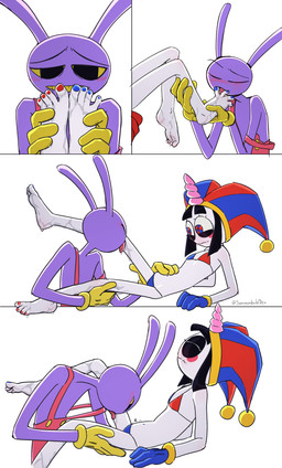4_fingers anthro bikini bikini_thong bikini_top blush blush_lines bodily_fluids boyfriend/girlfriend clothing colored_nails dripping duo embarrased_horny embarrassed eyebrows eyes_closed fake_horns fake_unicorn_horn feet female fingers fool's_hat foot_fetish foot_lick foot_play gloves half-closed_eyes hand_on_belly hand_on_foot hand_on_leg hand_on_thigh handwear hat headgear headwear holding_feet holding_leg humanoid_feet imminent_oral imminent_sex jester leg_lick leg_on_shoulder licking looking_at_another looking_at_partner looking_pleasured lying male male/female micro_bikini mouth_closed nails narrowed_eyes on_back overalls plantigrade rabbit_ears raised_eyebrows saliva saliva_drip saliva_on_foot saliva_on_leg saliva_on_legs saliva_string spread_legs spreading swimwear toes tongue tongue_out two-piece_swimsuit somnambulaart glitch_productions the_amazing_digital_circus jax_(tadc) pomni_(tadc) animal_humanoid humanoid lagomorph lagomorph_humanoid leporid mammal mammal_humanoid rabbit absurd_res comic hi_res