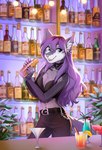 2022 5_fingers anthro blue_eyes breasts canid canine clothed clothing digital_media_(artwork) female fingers hair hi_res hihikori inner_ear_fluff mammal navel open_mouth purple_hair smile teeth tongue tuft