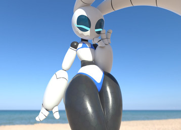 anthro beach bikini bikini_thong bikini_top biped black_body blue_bikini blue_clothing blue_eyes blue_swimwear clothing detailed_background eyes_closed featureless_chest female glistening glistening_body hand_on_face huge_ears huge_thighs jagged_mouth machine narrow_shoulders screen_eyes segmented_body small_waist solo swimwear thick_thighs two-piece_swimsuit white_body wide_hips sharpybutts sharpy_(sharpybutts) lagomorph leporid mammal rabbit robot 2025 3d_(artwork) digital_media_(artwork) hi_res