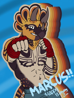 anthro arm_tattoo chest_tattoo clothed clothing hand_wraps happy_birthday horn looking_at_viewer male neck_tattoo pecs punching_air pupils sleeve_tattoo smile solo tail tail_pattern tattoo teeth_showing text topless white_pupils wraps pookashifts ceratopsian ceratopsid chasmosaurine dinosaur marginocephalian ornithischian prehistoric_species reptile scalie triceratops absurd_res artist_name character_name hi_res