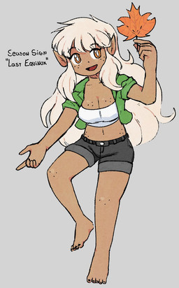 5_fingers 5_toes autumn_leaves barefoot black_bottomwear black_clothing black_nails black_shorts black_text black_toenails bottomwear breasts brown_body brown_breasts brown_ears brown_skin cleavage clothed clothed_female clothed_humanoid clothing collarbone colored_nails crop_top feet female fingers freckled_breasts freckled_face freckled_hips freckles green_clothing green_jacket green_topwear grey_background hair holding_leaf humanoid_pointy_ears jacket leaf long_hair nails navel not_furry open_clothing open_jacket open_mouth open_smile open_topwear orange_eyes pointy_ears pupils red_tongue shirt shorts simple_background smile solo style_emulation tan_hair text toenails toes tongue topwear white_clothing white_crop_top white_pupils white_sclera white_topwear genocityzone touhou autumn_(genocityzone) elf humanoid 2026 digital_media_(artwork) hi_res