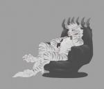 anthro biped chair charr claws dagos fangs felid female fluffy fluffy_tail fur furniture guild_wars horn kaliyah_(charr) mammal mane monochrome multi_ear muscular muscular_anthro muscular_female nude simple_background sitting solo tail teeth toe_claws whip white_body white_fur