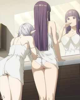 bathroom big_breasts breasts brush brushing brushing_teeth butt cleavage clothed clothing duo ear_piercing eyelashes faceless_character faceless_female faceless_humanoid female foam grey_pupils hair holding_brush holding_object holding_toothbrush humanoid_pointy_ears inside long_hair looking_at_mirror looking_at_object mirror mirror_reflection not_furry pajamas panties piercing pointy_ears pupils purple_eyes purple_hair reflection standing toothbrush toothbrush_in_mouth underwear white_clothing white_hair white_panties white_underwear wipes keihh frieren_beyond_journey's_end fern_(frieren) frieren elf human humanoid mammal 2025 digital_drawing_(artwork) digital_media_(artwork) hi_res watermark