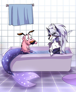 anthro duo ear_piercing ear_ring eyeshadow feet female fur grey_body grey_fur grey_hair hair hug hugging_another hugging_from_behind long_hair looking_at_viewer makeup male nude open_mouth open_smile orange_background piercing pink_body red_sclera ring_piercing simple_background sitting smile smiling_at_viewer split_form white_eyes monkeycheese cartoon_network courage_the_cowardly_dog hellaverse helluva_boss mythology courage_the_cowardly_dog_(character) loona_(helluva_boss) aquatic beagle canid canid_demon canine canis demon domestic_dog hellhound hunting_dog mammal merfolk mythological_canine mythological_creature scent_hound 2025 crossover hi_res