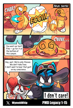 4_panel_comic ambiguous_gender anthro attack aura_sphere black_eyes black_nose black_text blue_body blue_fur boom clenched_teeth dialogue dizzy_eyes ellipsis exclamation_point fur group lying motion_lines on_front on_ground open_mouth orange_body page_number pawpads paws question_mark red_body red_fur sharp_teeth sound_effects speech_bubble spikes spikes_(anatomy) talking_to_another teeth text text_box tongue trio white_body white_fur white_sclera white_text x_logo wymek nintendo pokemon pokemon_mystery_dungeon spike_chunsoft hiruki_(wymek) canid canine charmander generation_1_pokemon generation_4_pokemon generation_7_pokemon lucario lycanroc mammal midnight_lycanroc pokemon_(species) scalie 2026 absurd_res artist_name comic english_text hi_res male_(lore)