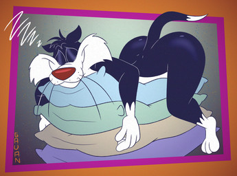 anthro big_butt black_body black_fur bubble_butt butt dipstick_tail fur huge_butt male markings multicolored_body multicolored_fur pillow sleeping smile solo tail tail_markings two_tone_body two_tone_fur whiskers white_body white_fur gavanzude looney_tunes warner_brothers sylvester_(looney_tunes) domestic_cat felid feline felis mammal alternate_version_at_paywall hi_res